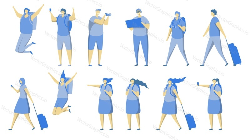 Travel people icon set, vector flat style design illustration isolated on white background. Tourists walking with travel bag, backpack, taking photo with camera, mobile phone, jumping, having fun etc.