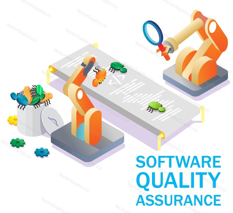 Software quality assurance, vector isometric illustration. SQA, automated code testing, debugging concept for web banner, website page etc.