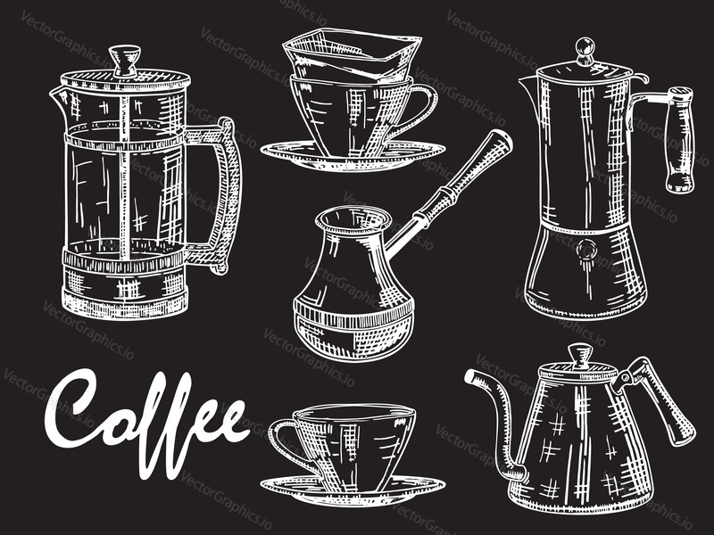 Coffee set, vector hand drawn illustration. Vintage white coffee mug, cup, pot and coffee maker on black background for restaurant or cafe menu, poster, banner.