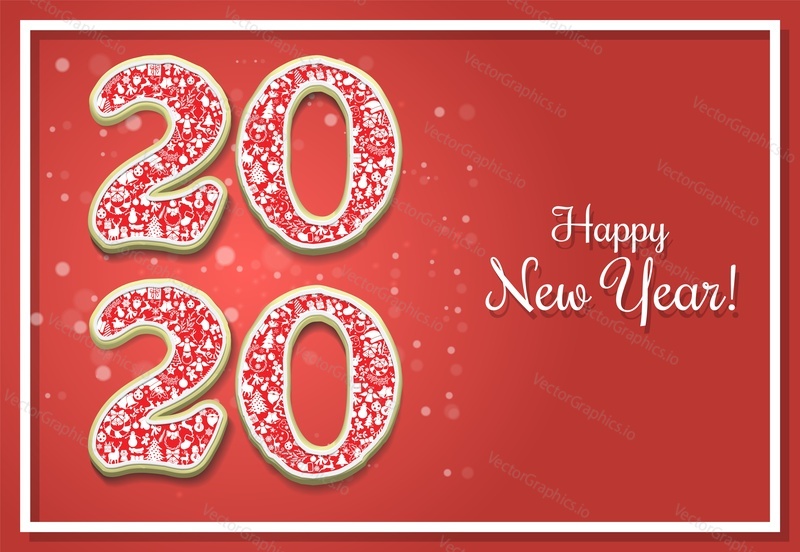 Happy New Year vector greeting card template. Creative numbers 2020 with winter holidays pattern on red background with snowflakes, text.