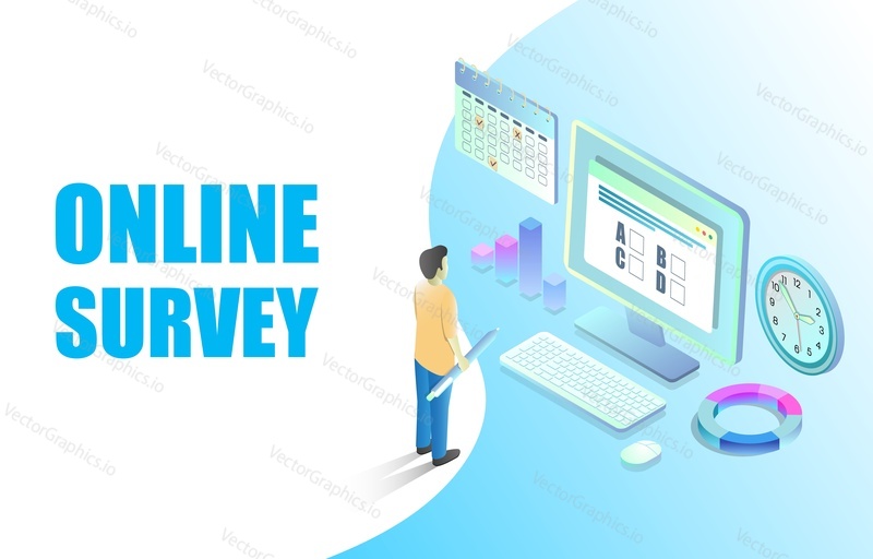 Online survey vector web banner design template. Online customer review, testing, questionnaire, voting concept for website page etc.
