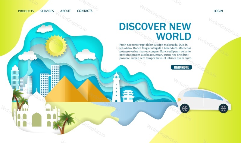 Discover new world vector website template, web page and landing page design for website and mobile site development. Paper cut automobile, pyramids temple other world landmarks. Car travel concept.