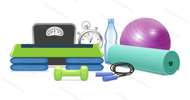 Yoga and fitness equipment and accessories. Vector realistic exercise rolled yoga mat, jump rope, dumbbell, fitball, weigher, stopwatch, water bottle etc.