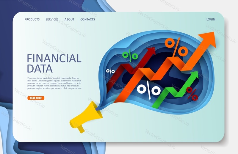 Financial data vector website template, web page and landing page design for website and mobile site development. Data analysis and financial research concept, paper art style.