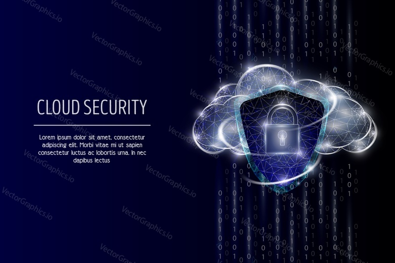 Cloud security vector poster banner template. Security shield, padlock and cloud, low poly wireframe mesh. Data protection polygonal art style illustration.
