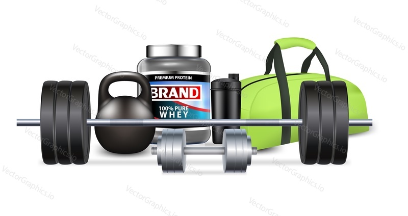 Fitness gym equipment and sport nutrition vector realistic illustration. Weigher, dumbbell, kettlebell, barbell, bag, whey protein. Weightlifting, powerlifting or bodybuilding workout for mass muscle.