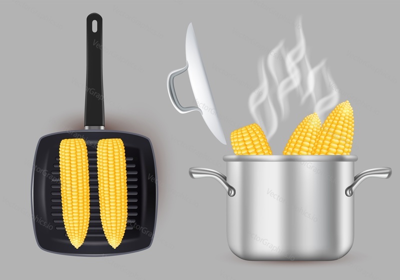 Grilled and boiled sweet corn, vector isolated illustration. Realistic corn cobs roasted on grill pan and cooked in cooking pot.