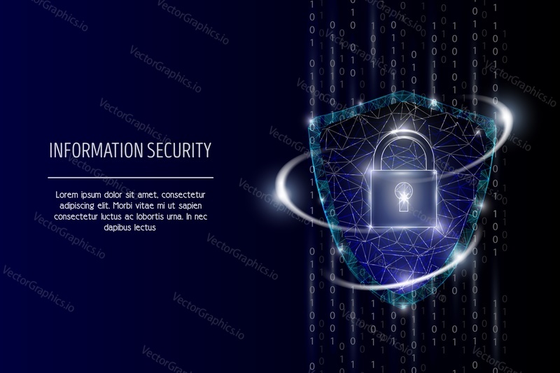 Information security vector poster banner template. Security shield with padlock, low poly wireframe mesh. Data protection polygonal art style illustration.
