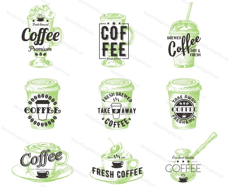 Coffee logo, badge, label, emblem set, vector illustration in retro style. Coffee shop or coffeehouse vintage typography with different coffee types and mugs.