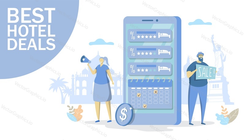 Vector illustration of big smartphone and tiny people woman with megaphone, man with sale sign. Best hotel deals and hotel room promotion concept for web banner, website page.