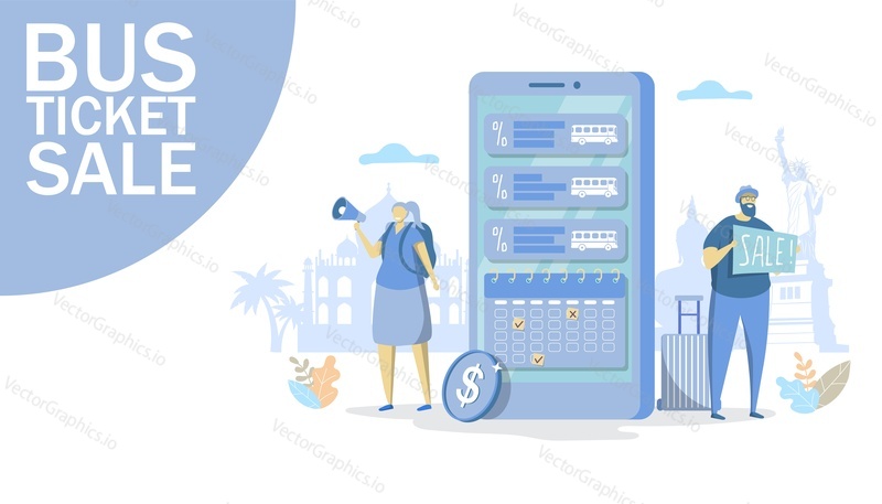 Vector illustration of big smartphone and tiny people woman with megaphone, man with sale sign. Bus tour travel booking tickets online, bus ticket sale promo concept for web banner, website page.