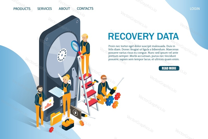 Recovery data vector website template, web page and landing page design for website and mobile site development. Computer hardware services, hdd repair concept.