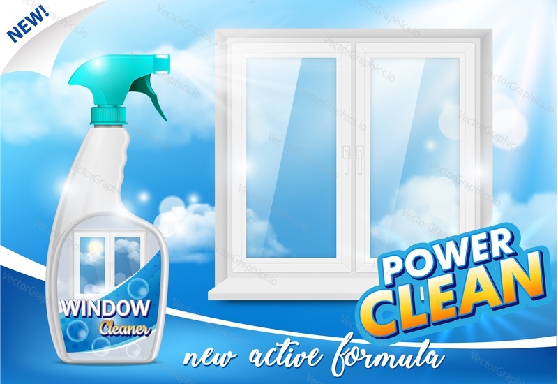 Window cleaner ad. Vector 3d realistic illustration of handy plastic trigger spray bottle and clean window. Window cleaning detergent promo poster design template.