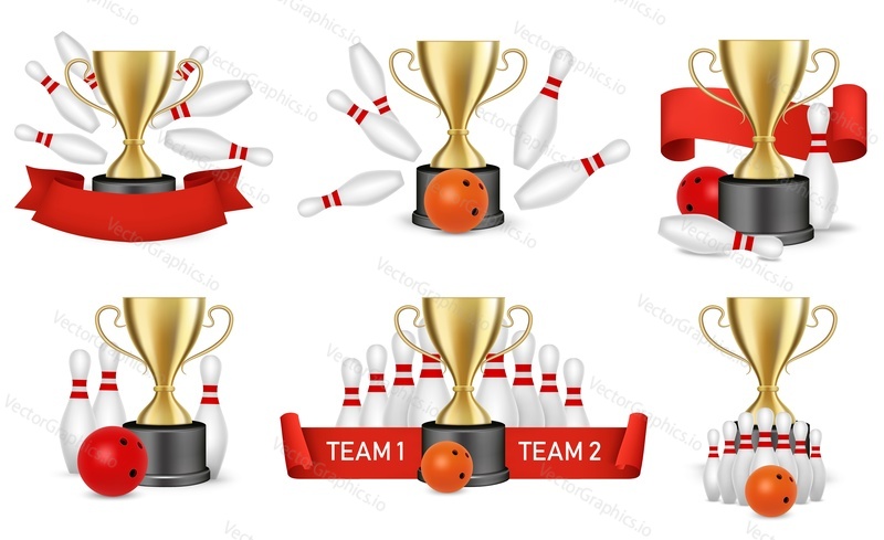Bowling tournament award set, vector illustration isolated on white background. Bowling game winner reward compositions with gold cup, ribbon, ball and pins.