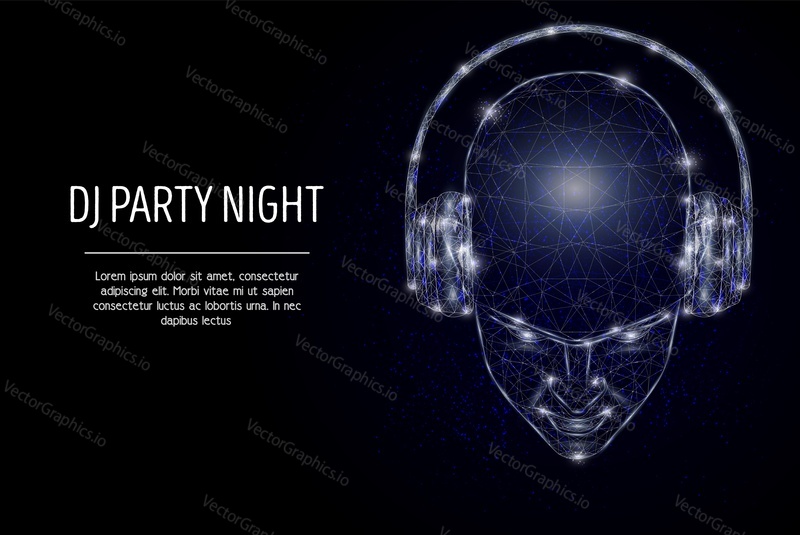 Dj party night, vector poster banner template. Human head with headphones, low poly wireframe mesh. Dance club dj music polygonal art style illustration.