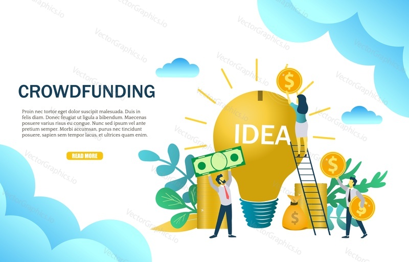 Crowdfunding web banner template. Vector illustration of business people putting money into light bulb. Financial investment in business startup, new ideas concept for website page etc.