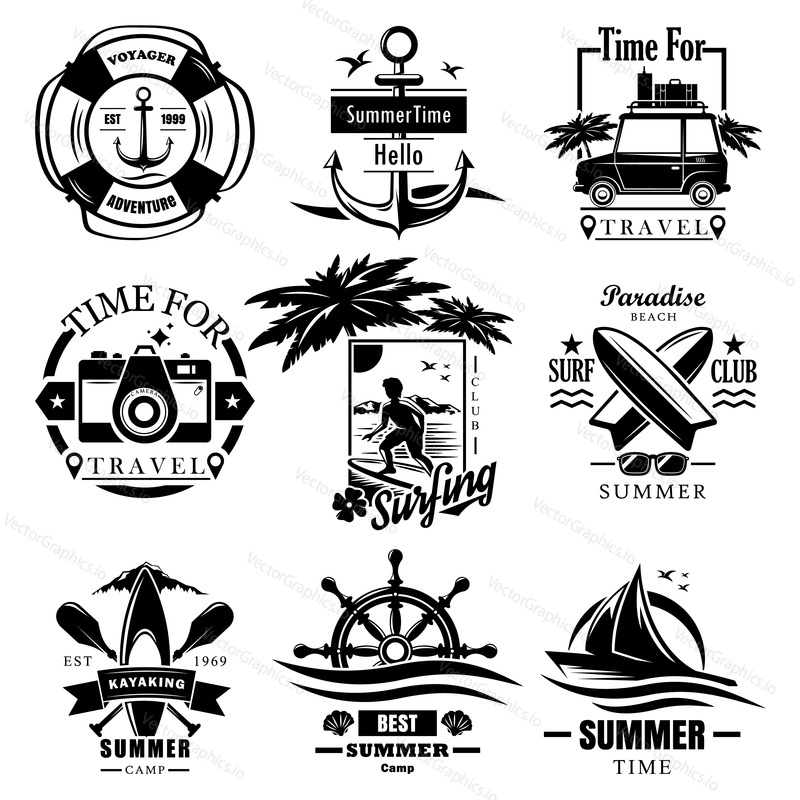 Vector set of summer holidays, cruise vacation, road trip, kayaking and surfing water sports activities vintage monochrome logos, emblems, labels and badges.
