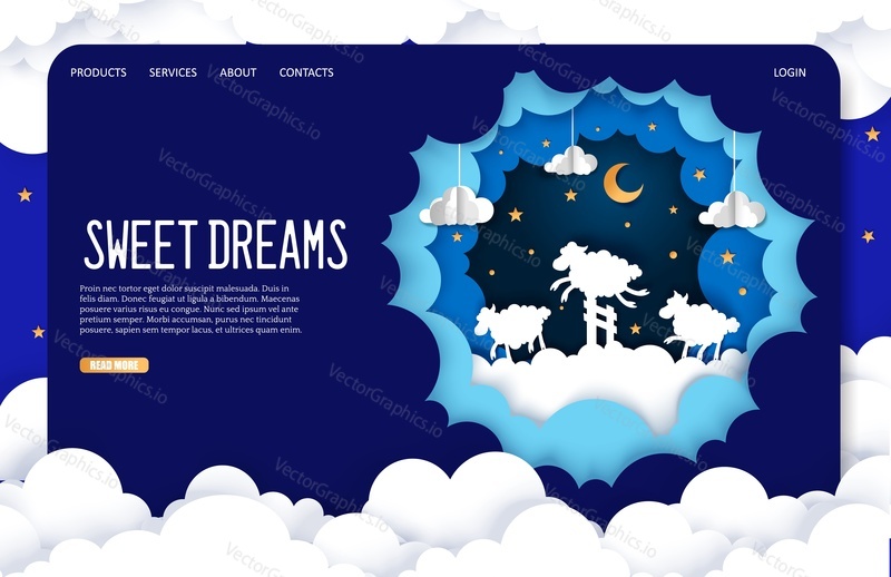 Sweet dreams vector website template, web page and landing page design for website and mobile site development. Layered paper cut style starry night sky with cute sheep jumping over fence. Insomnia.