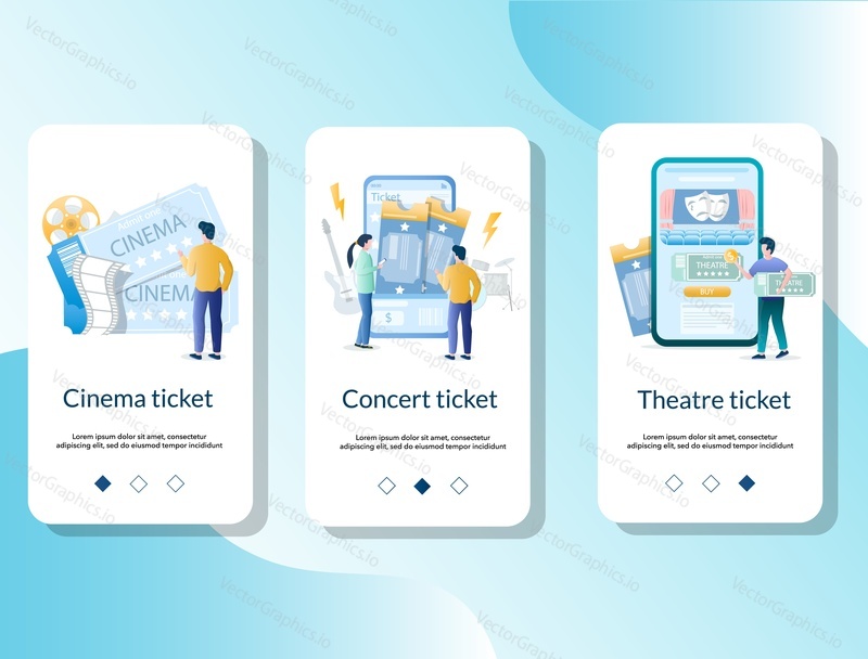 Cinema, concert and theatre tickets mobile app onboarding screens. Menu banner vector template for website and application development.