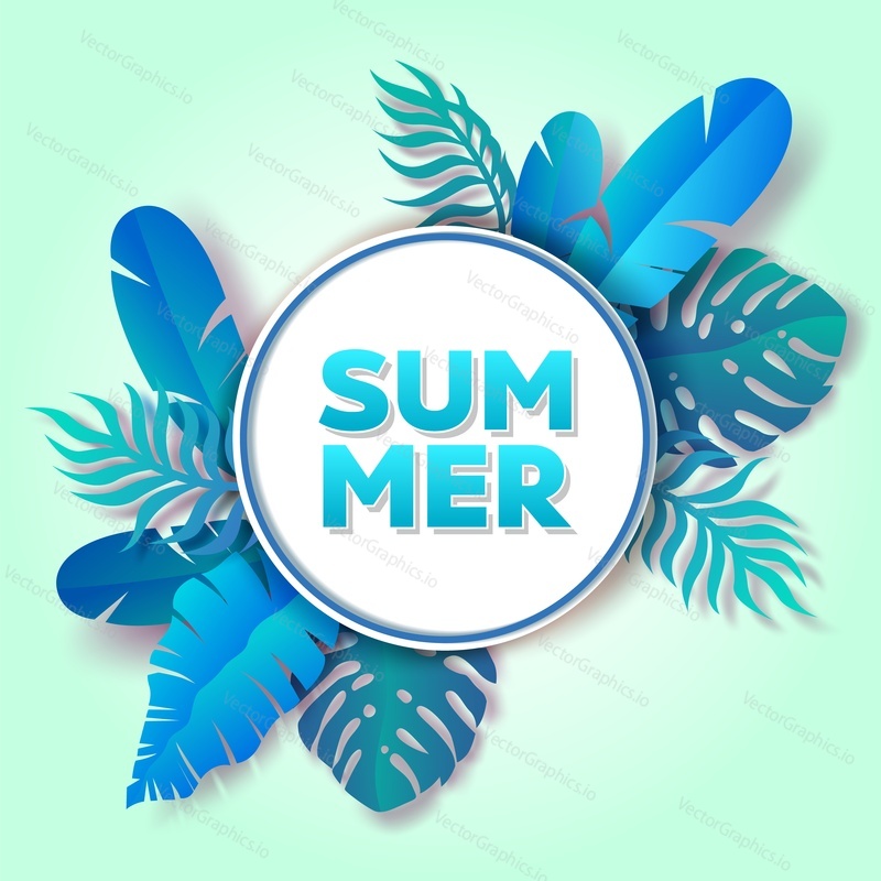Summer tropical greenery round frame, vector illustration in paper art craft style. Beautiful seasonal composition with tropical palm and monstera leaves in blue and white colors for card, banner etc.