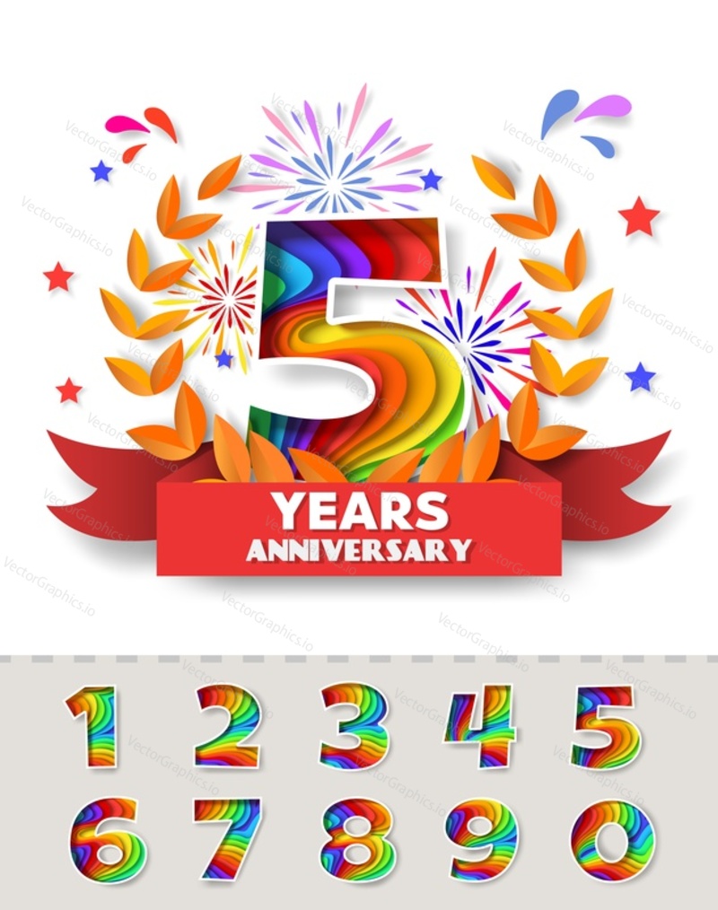5th anniversary invitation greeting card vector template. Laurel wreath, ribbon, party celebration fireworks and layered paper cut style numerals from 0 to 9.