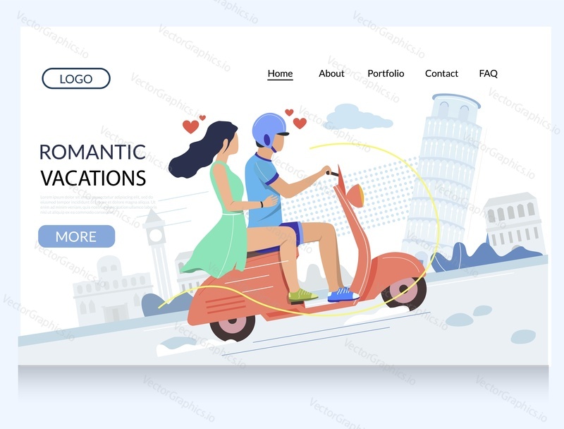 Romantic vacation vector website template, web page and landing page design for website and mobile site development. Happy couple visiting famous landmarks riding scooter. Travel concept.