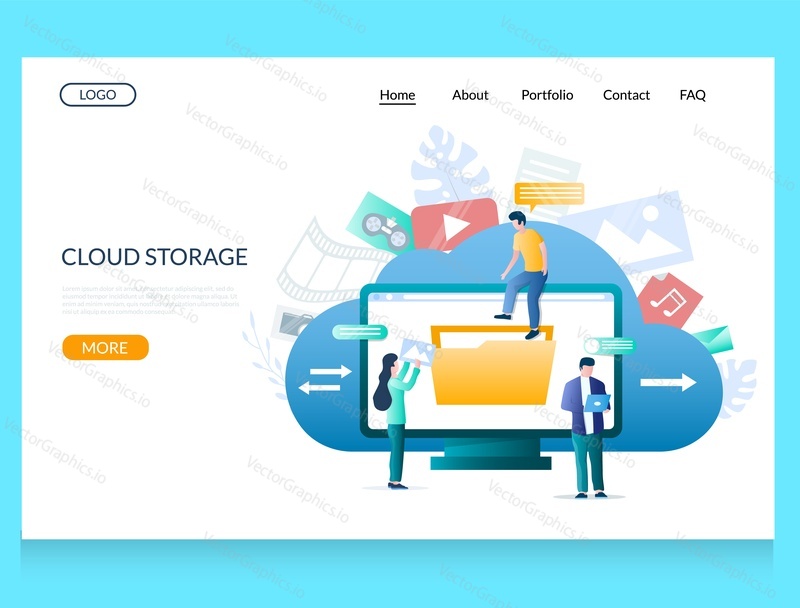 Cloud storage vector website template, web page and landing page design for website and mobile site development. Cloud computing data storage.