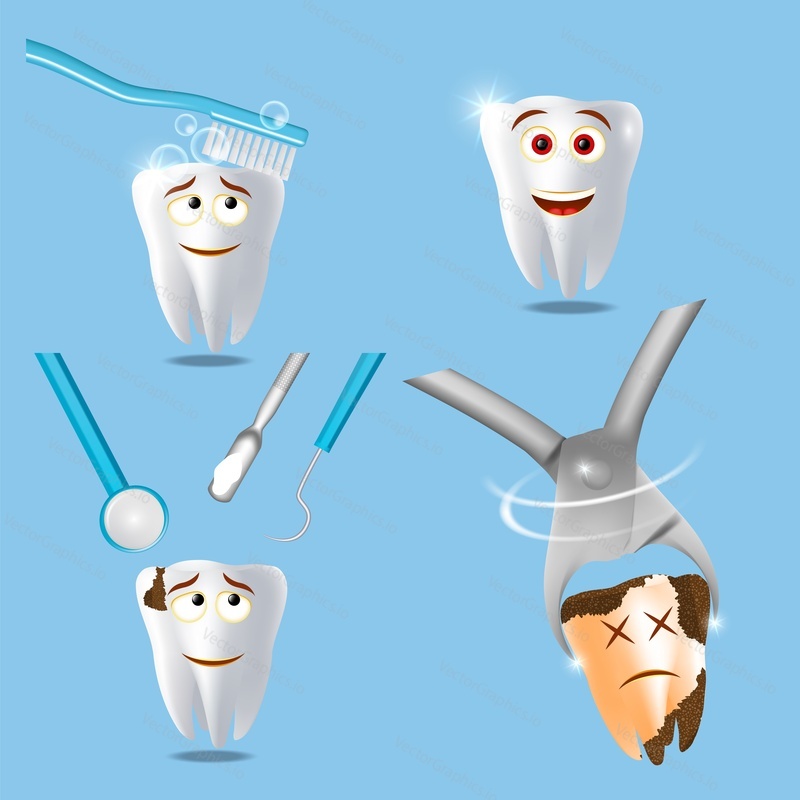Funny human teeth set, vector isolated illustration. White brilliant healthy tooth, dental treatment, tooth extraction and toothbrushing procedures. Dental services concept for poster, banner etc.
