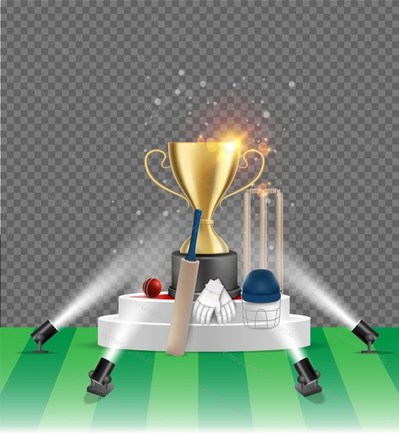 Cricket championship poster design template. Vector realistic illustration of winner gold cup, cricket game equipment standing on white round podium illuminated by floor lights, transparent background