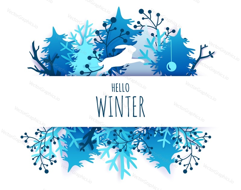 Hello Winter card hand lettering typography, vector illustration in paper art craft style. Beautiful paper cut winter composition with snowy trees christmas tree balls and hare silhouette.