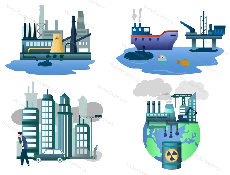 Air and water pollution vector illustration set isolated on white background. Ecology, save environment and planet concept for website page, banner etc.