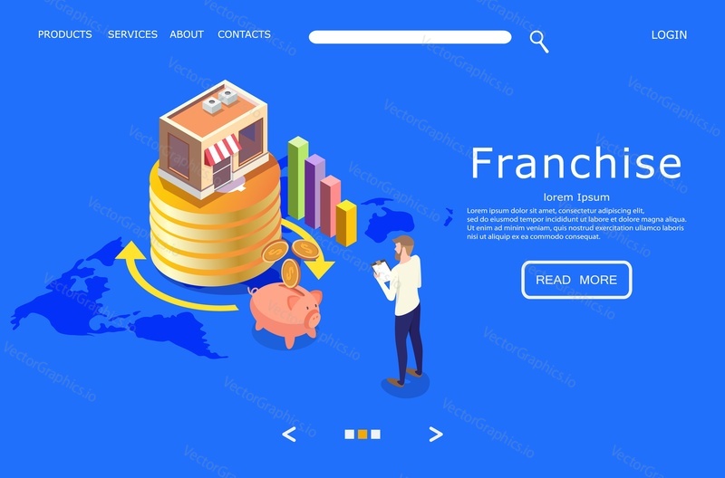 Franchise vector website template, web page and landing page design for website and mobile site development. Franchising and branch network, franchise business marketing concept.