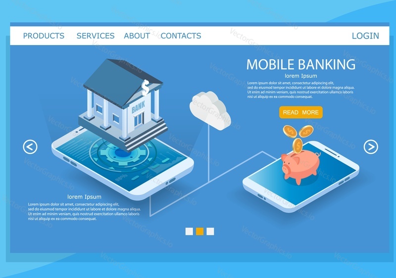 Векторный шаблон веб-сайта мобильного банкинга, дизайн веб-страницы и целевой страницы для разработки веб-сайтов и мобильных сайтов. Концепция онлайн-платежей, покупок, банковского обслуживания.