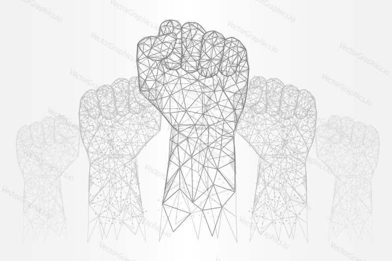 Raised hands low poly wireframe mesh made of points, lines and shapes. Vector polygonal art style illustration. Poster banner template with clenched fist symbol of power, fight, protest, resistance.