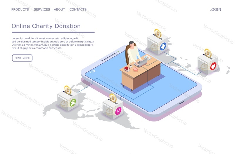 Online charity donation vector website template, web page and landing page design for website and mobile site development. Online fundraising service to raise money for pets and animals, medicine etc.