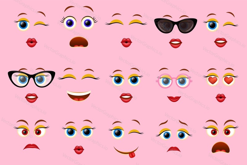Emoji faces for emoticon constructor, vector illustration. Smile female character creator.