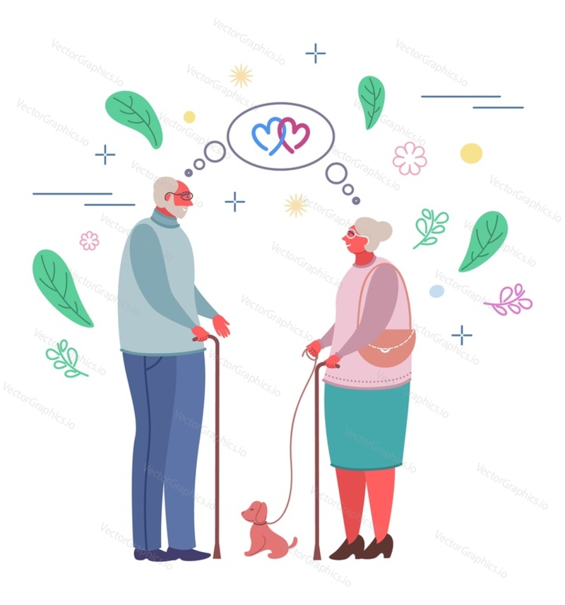 Romantic elderly couple vector flat illustration. Happy senior man and woman talking to each other in the street. Human relationships concept.