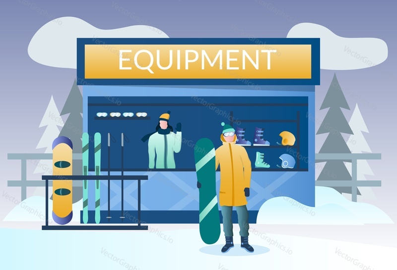 Ski and snowboard equipment for rent, vector illustration. Winter sports gear rental concept for web banner, website page etc.