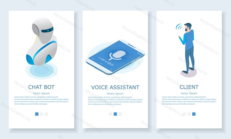 Vector set of personal assistant concept mobile app onboarding screens. Chat bot, Voice assistant and Client website design templates and web banners.