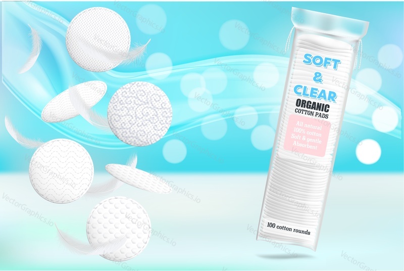 Soft and clear organic cosmetic cotton pads ads. Vector realistic white round makeup removing disks, flying feathers and copy space.