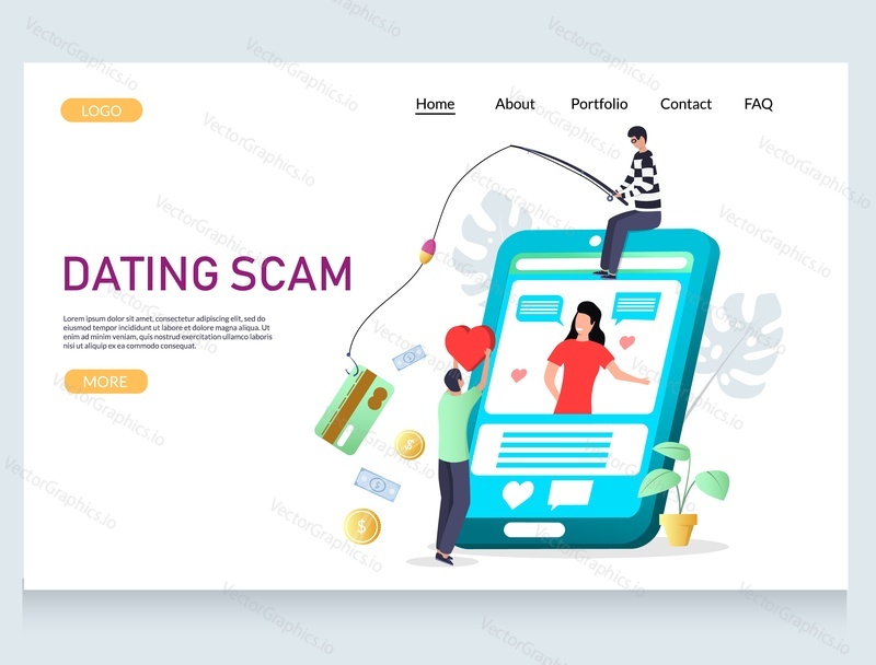 Dating scam vector website template, web page and landing page design for website and mobile site development. Online dating fraud.