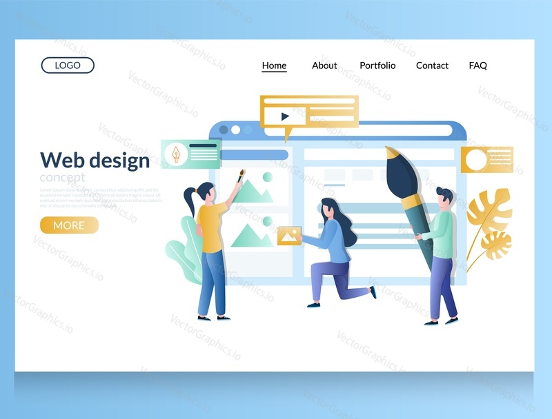 Vector website template, web page and landing page design for website and mobile site development. Cartoon characters professional designer team creating webpage.