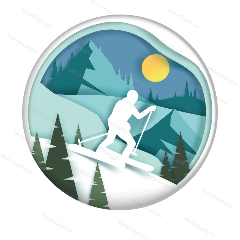 Downhill skiing, vector illustration in paper art modern craft style. Paper cut mountains and skier silhouette sliding down snow-covered slope. Winter sports and activities.