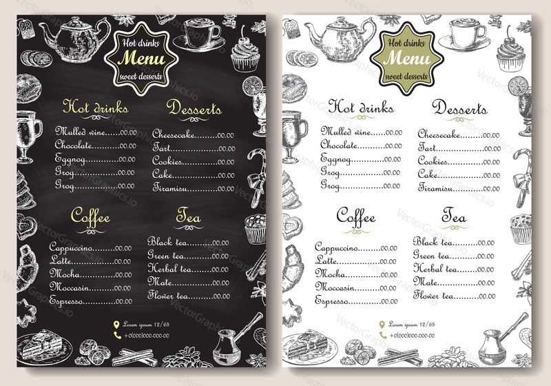 Hot drinks and sweet desserts menu vector template. Chalk drawing A4 paper format menu for coffee shop, cafe and restaurant, handdrawn design with lettering.