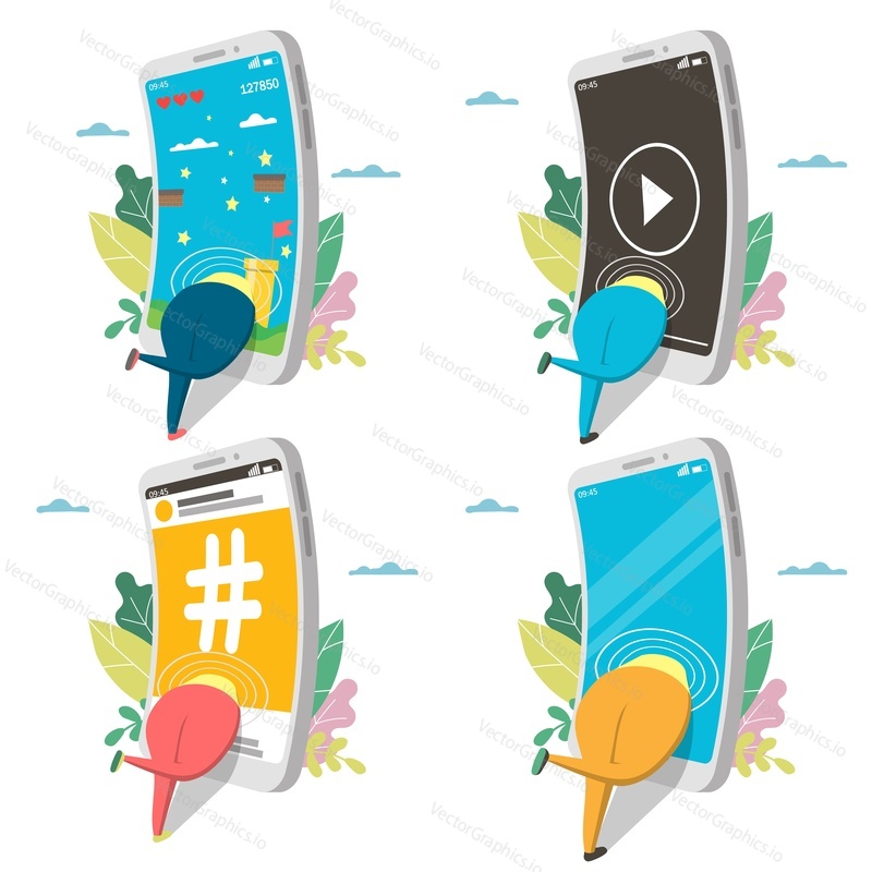 Smartphone addiction metaphorical icon set. Vector illustration isolated on white background. People inside of big mobile phones playing video games, watching video, using social media, chatting etc.