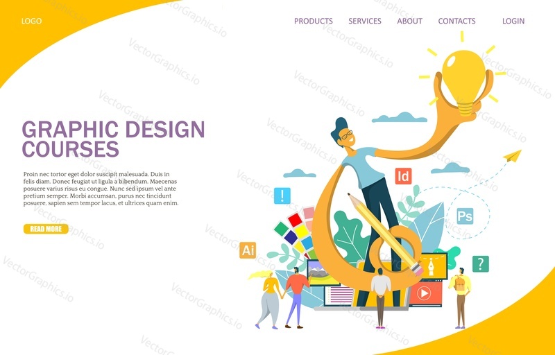 Graphic design courses vector website template, web page and landing page design for website and mobile site development. Online graphic design classes, school concept.