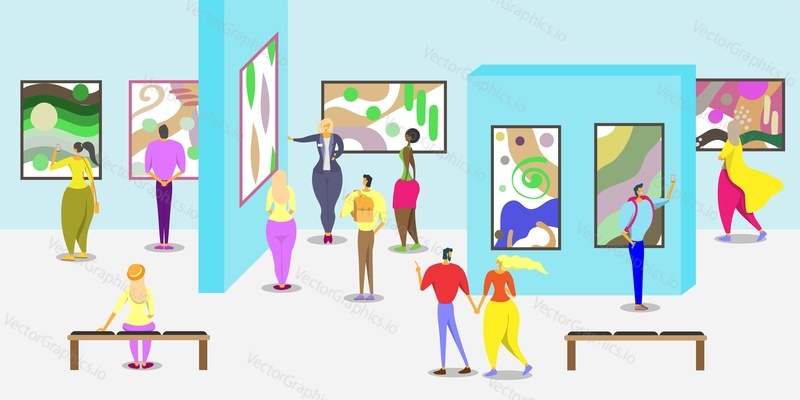 Art gallery poster web banner template, vector illustration. Museum or art gallery exhibition interior with people viewing modern abstract art painting collection on walls.