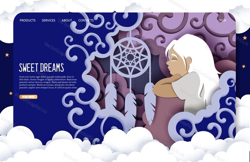 Sweet dreams vector website template, web page and landing page design for website and mobile site development. Layered paper cut style sleeping cute girl kid and dream catcher with feathers.
