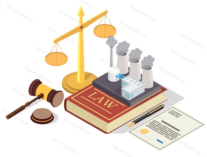 Pollution prevention law vector concept illustration. Legal symbols Law book with industrial factory chimneys, scales of justice, judge gavel. Isometric composition for web banner, website page, etc.