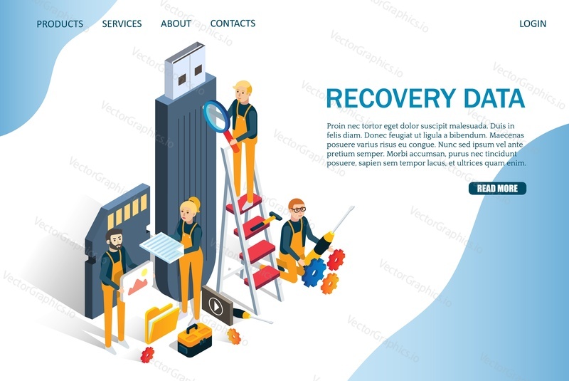 Recovery data vector website template, web page and landing page design for website and mobile site development. Memory card repair, computer hardware services concept with characters.